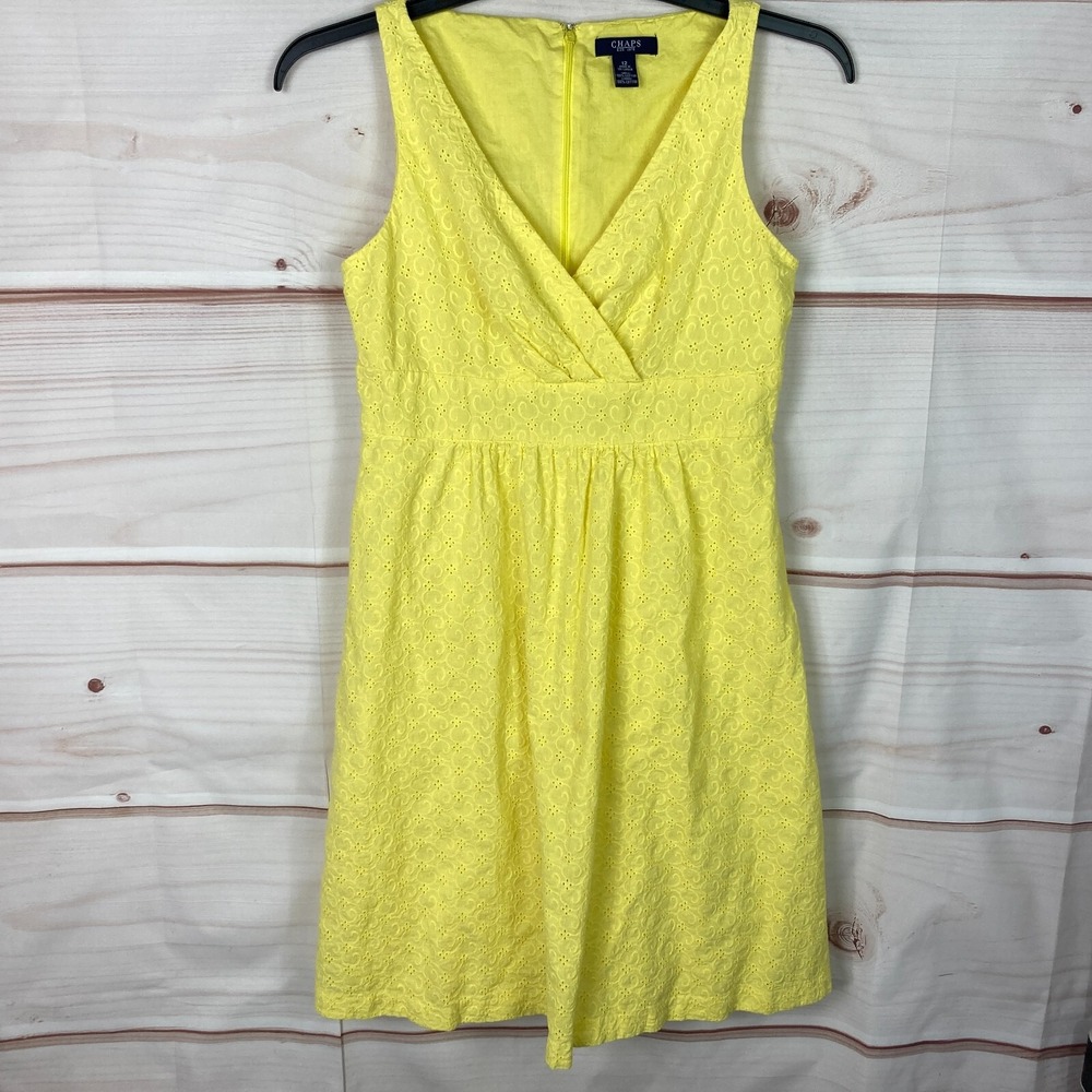 Chaps Dress Womens 12 Yellow Eyelet A-Line Sundress Sleeveless V-Neck Cotton